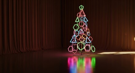 Vibrant Geometric Neon Tree with Dazzling Reflections on Dark Stage