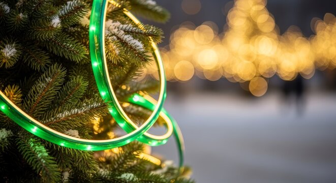 Vibrant green neon rope lights adorning evergreen branches during winter light