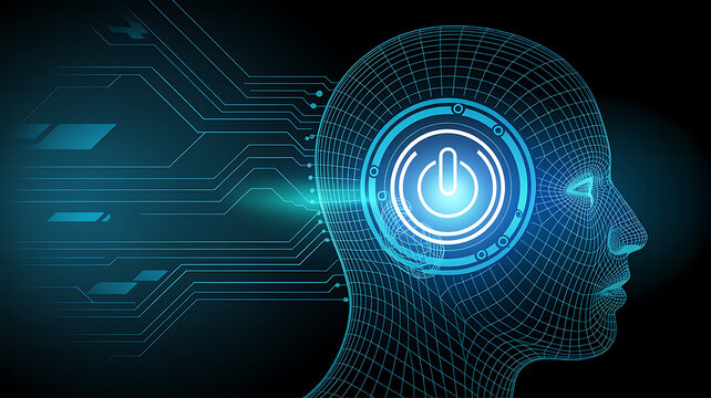 Wireframe Human Head with Circuitry and Power Button Symbol artificial intelligence