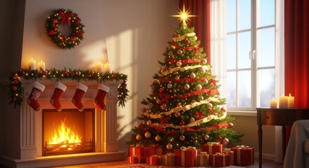 A beautifully decorated room with a lit fireplace and glowing Christmas tree