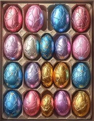 Box of decorative Easter eggs, diverse colors and intricate patterns