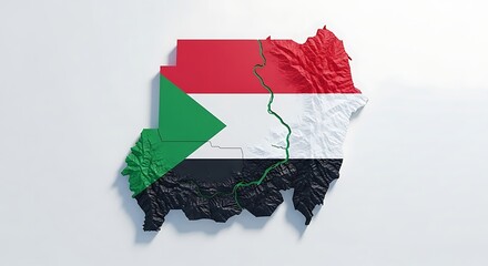 map of sudan with national flag colors, symbol of civil conflict, humanitarian crisis, and hope for peace.