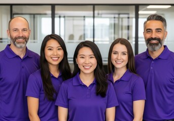 Diverse team of professionals wearing matching purple polo shirts