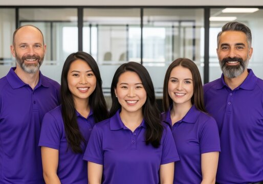 Diverse team of professionals wearing matching purple polo shirts