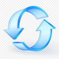 Glass blue 3D circular arrows icon representing refresh, reload, update, sync, and cycle process on a transparent background. Vector illustration.