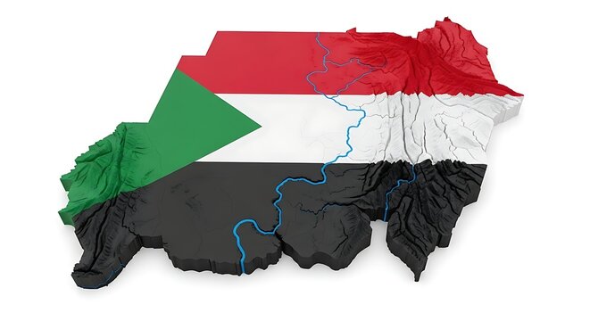 map of sudan with national flag colors, symbol of civil conflict, humanitarian crisis, and hope for peace.
