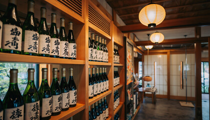 Japanese Sake Bottles in a Traditional Store Setting with Paper Lanterns