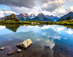 Scenic mountain range and lake at sunset