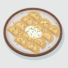 Plate of Delicious Pierogi with Sour Cream and Fresh Herbs.