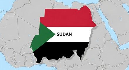 map of africa highlighting sudan with national flag colors and country name, geographic and political concept.