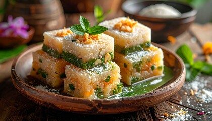 Stacked sweet dessert blocks on a rustic wooden plate with green leaves