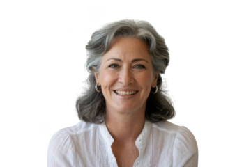 Smiling mature woman with gray hair isolated on transparent background