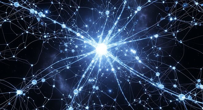 Abstract glowing neural network brain connections concept art.