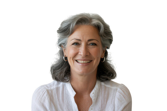 Smiling mature woman with gray hair isolated on transparent background
