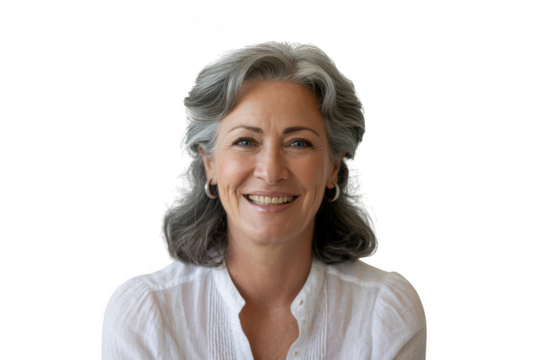 Smiling mature woman with gray hair isolated on transparent background