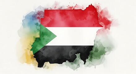 watercolor map of sudan with national flag colors, artistic illustration of african country.
