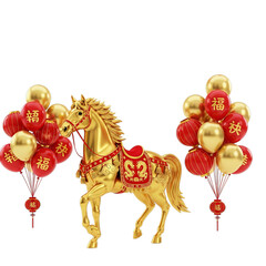 Golden horse statue surrounded by red and gold balloons and lanterns isolated on transparent background