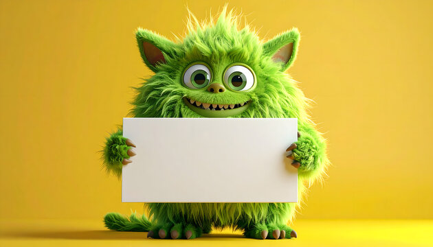 Funny Green Monster Holding a Blank Sign, Perfect for Your Message