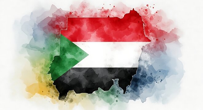 watercolor map of sudan with national flag colors, artistic illustration of african country.