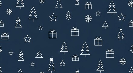 Minimalist Christmas line art pattern, white on navy blue background