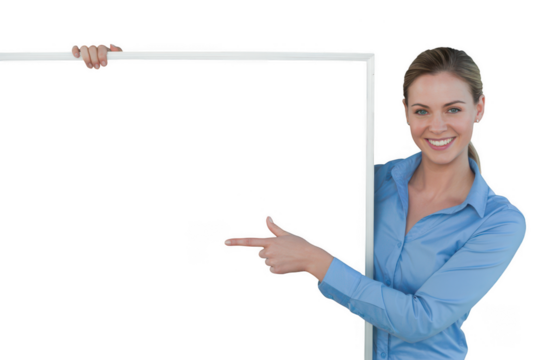Woman pointing to a blank sign isolated on transparent background