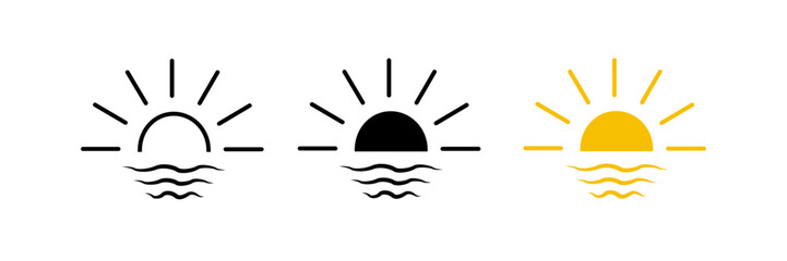 Set of minimalist sunrise and sunset icons with transparent background, depicting dawn and dusk symbols, ideal for travel apps, weather forecasts, and user interfaces, vector illustration