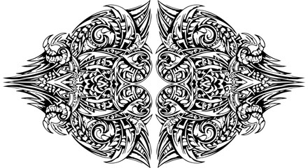 Intricate Black and White Tribal Dragon Tattoo Design with Decorative Swirls and Abstract Elements