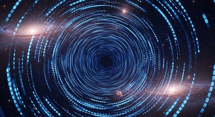 Digital data tunnel with glowing binary code and distant galaxies