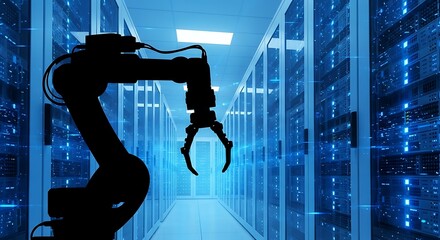 Robotic arm silhouette in futuristic data center server room