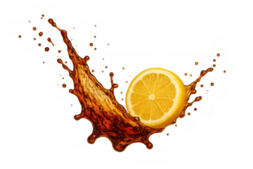 Lemon slice dropping into a dark brown liquid splash, creating a refreshing beverage concept with dynamic movement. Transparent background