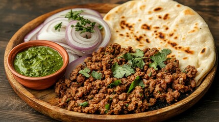 Spiced minced meat kebabs served on a platter with naan, sliced onions, and mint chutney.
