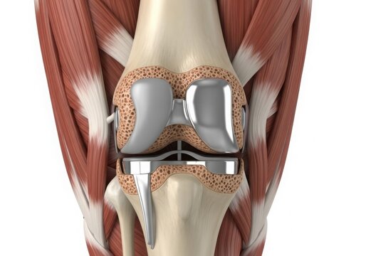 Anatomical illustration of a total knee replacement prosthesis
