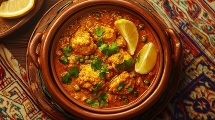 Spicy chicken karahi cooked in tomato and ginger gravy, served in a traditional wok with coriander garnish and lemon wedges.