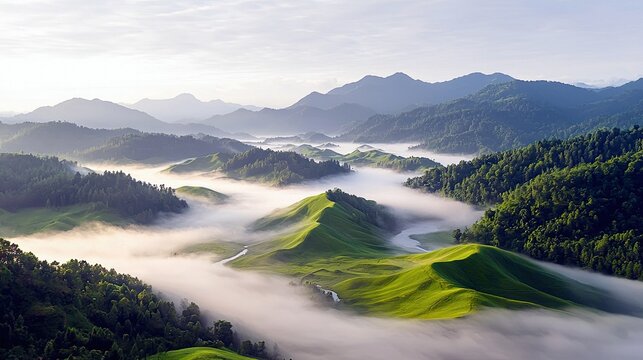 A serene landscape featuring rolling green hills and dense forests shrouded in morning mist, with layers of mountains in the background.