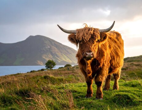 Shaggy highland bovine stands proudly in front of a scenic loch