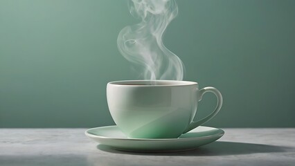 A steaming cup of tea sits on a saucer against a muted green backdrop, inviting relaxation and warmth