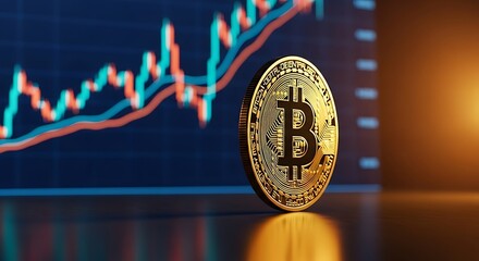Bitcoin cryptocurrency financial chart background with a 3D rendered golden coin representing digital currency