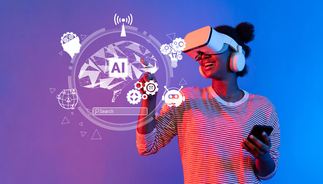 A joyful woman engages with virtual reality technology while using a smartphone, surrounded by dynamic AI and tech illustrations against a sleek background. XDMCP