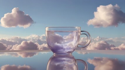 Dreamy sky and clouds reflected in a cup of water, creating a surreal and peaceful atmosphere