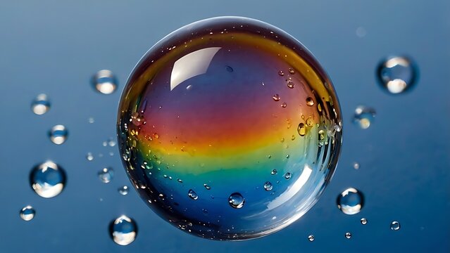 A captivating shot of soap bubbles reflecting rainbow colors, surrounded by water droplets on blue surface - Powered by Adobe