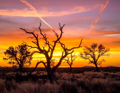 Silhouetted trees under a vibrant orange and purple sky at dusk - Powered by Adobe