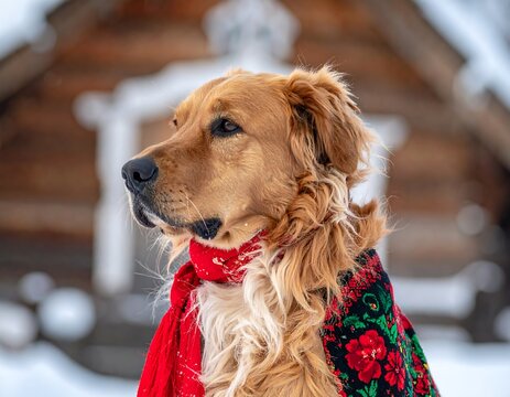 Golden retriever wearing a bright red scarf against a snowy backdrop
