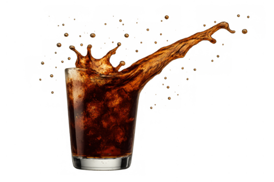 Refreshing cola drink splashing dynamically from a glass, brown liquid droplets flying, transparent background