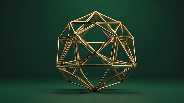 Golden icosahedron structure on a dark green background, a complex geometric shape with a metallic finish