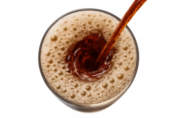 Pouring dark fizzy drink into a glass, creating foam and bubbles, refreshing beverage splash, top view transparent background