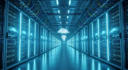 Futuristic data center aisle with glowing servers and cloud icons