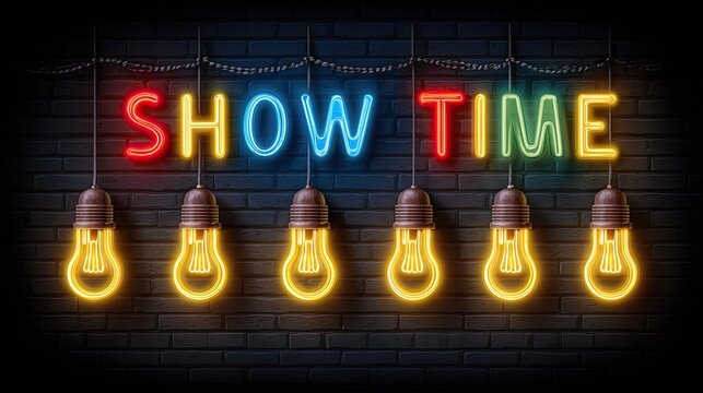 A vibrant neon sign spelling out "SHOW TIME" in red, blue, and green, illuminated against a dark brick wall with vintage Edison light bulbs hanging below.