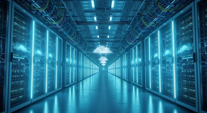 Futuristic data center aisle with glowing servers and cloud icons