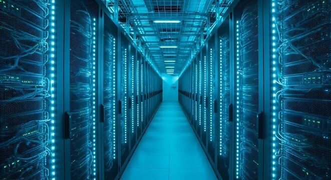 Modern data center corridor with illuminated blue server racks