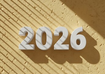 White 2026 numbers cast shadows on textured sandy background